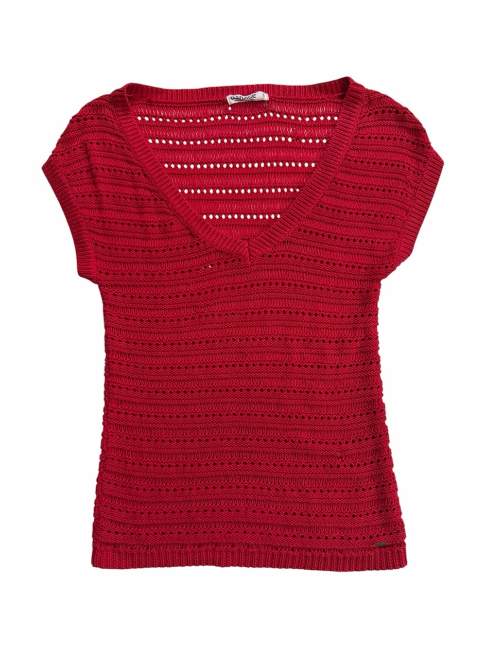 Garage Red V-Neck Crochet Short-Sleeve Top